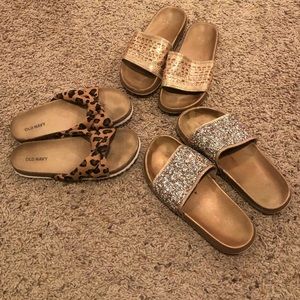 2 pairs of Justice Girls sandals / 1 pair of Old Navy leopard sandals